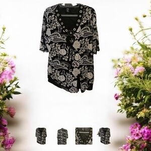 Black and White Floral Top with Eyelet Details With Beads . By APPOINTMENTS 1XL